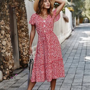 Floral Print V-Neck Long Dress
