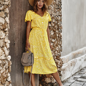 Floral Print V-Neck Long Dress
