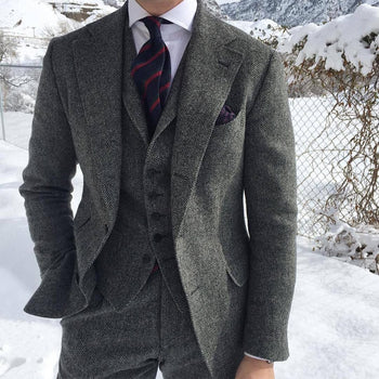 Grey Wool 3 Piece Tweed Suit