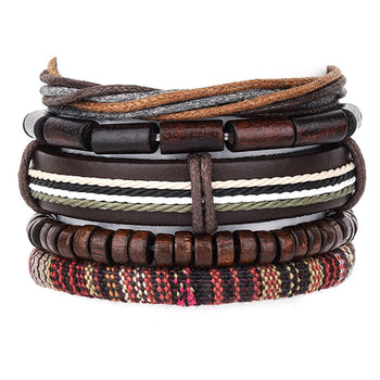 Multilayered Wooden Beaded Leather Bracelet Set