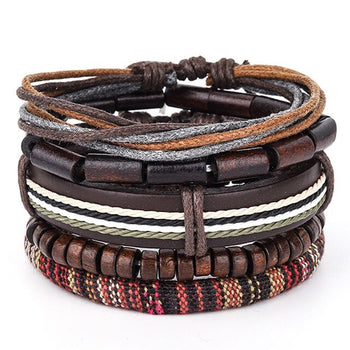 Multilayered Wooden Beaded Leather Bracelet Set